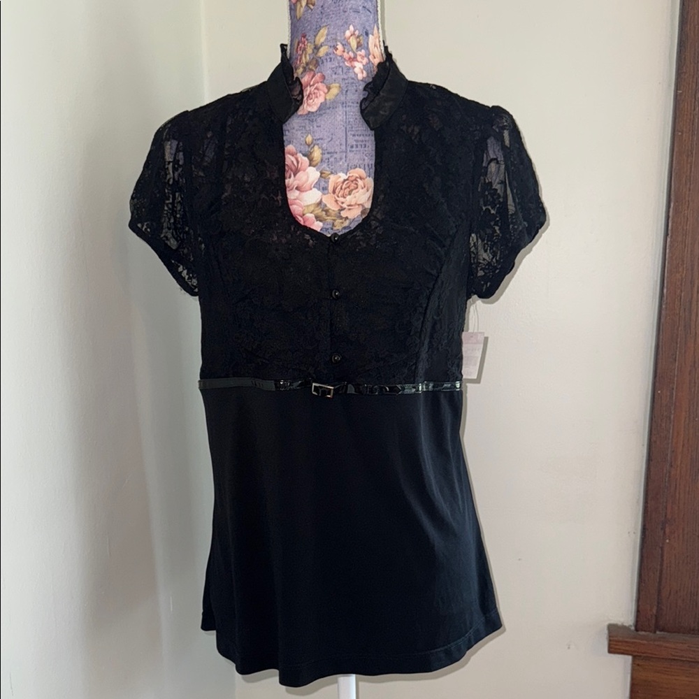 Studio 1940 Black Lace Short Sleeve Button-Up Blouse with Patent Trim